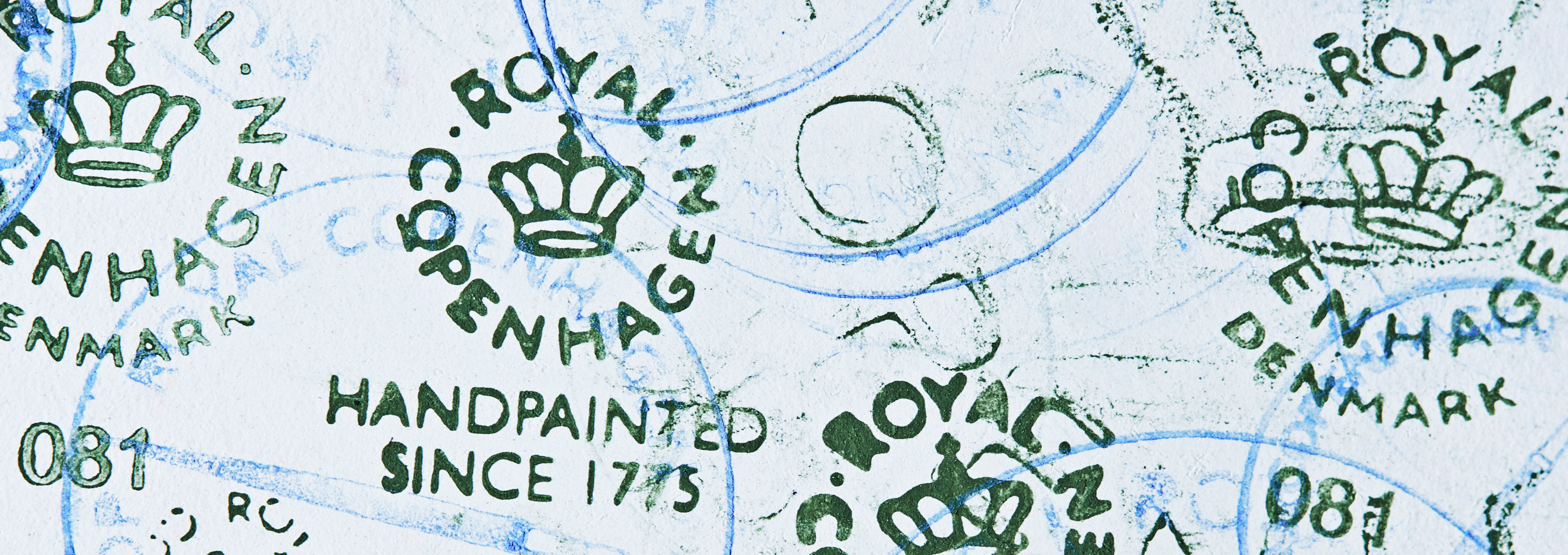 a collage of different backstamps for Royal Copenhagen in green and light blue colours